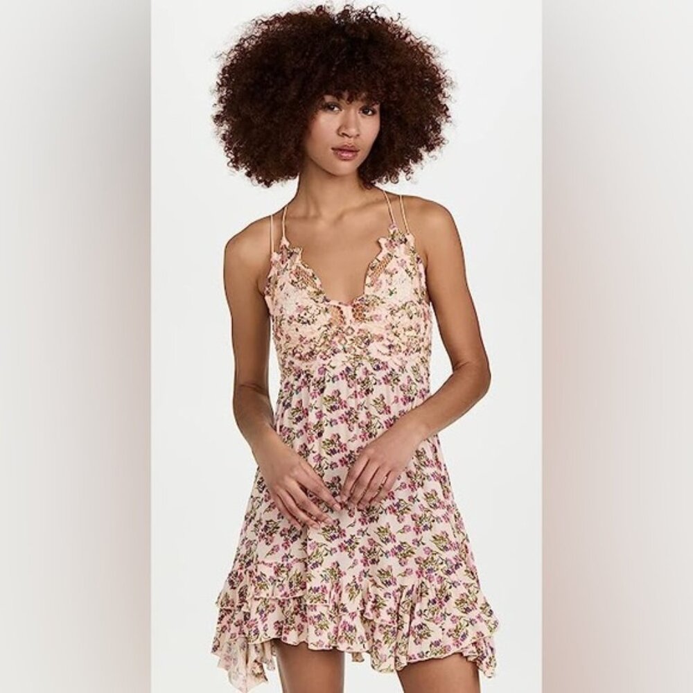 Free People One Adella Printed Mini Slip Petal Pink Combo Size Small NWOT